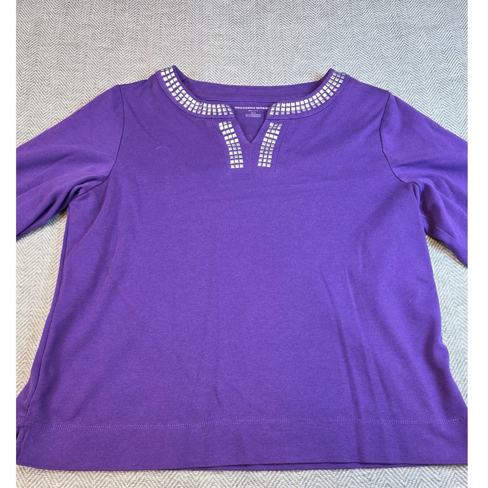 Allison Daley Petite Purple Studded Split Neck 3/4 Sleeve Knit Top PL